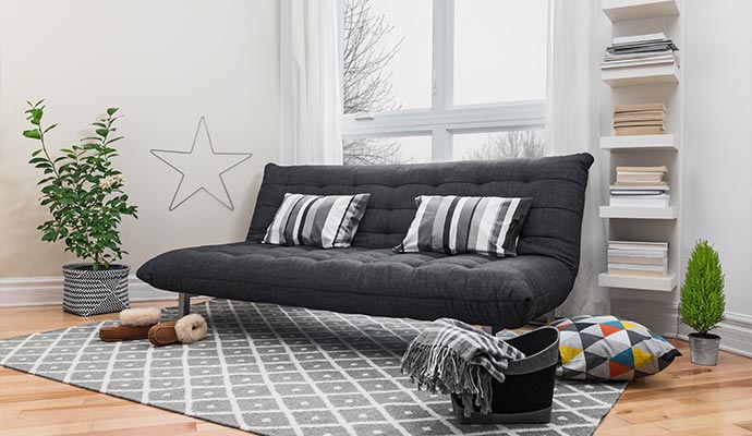 A bright interior living space featuring futon sofa