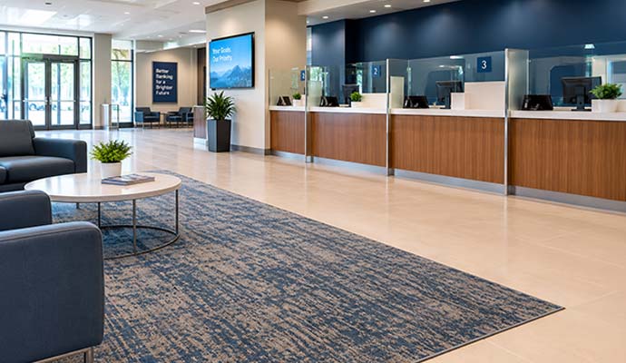 Clean area rug in bank lobby