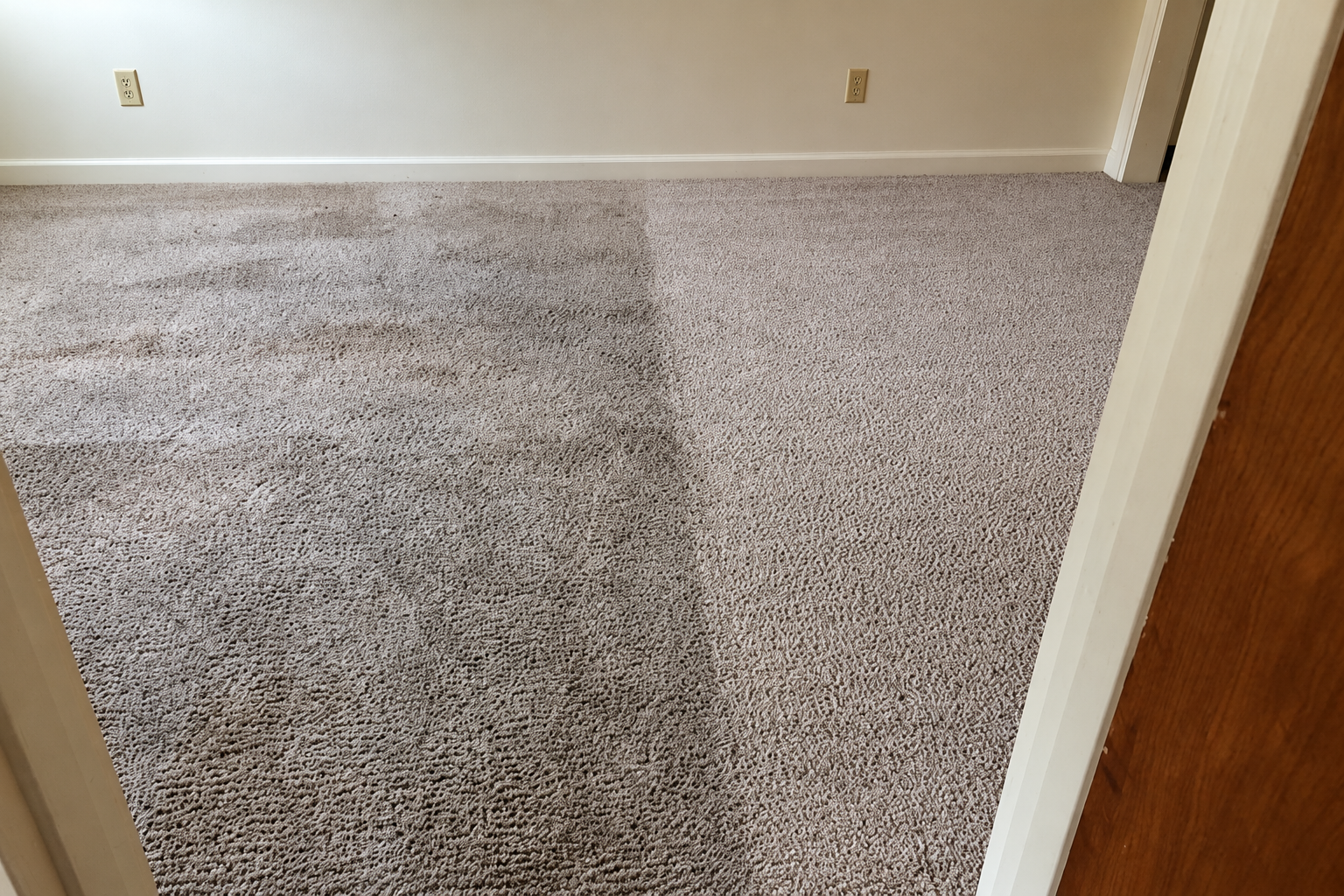 Before and after comparison of soiled and restored carpet
