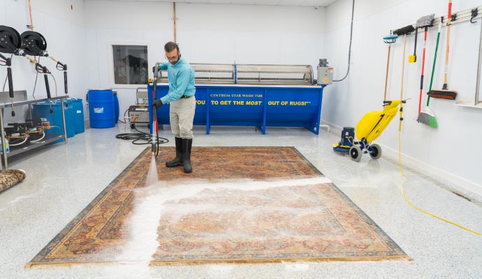 An expert is cleaning a rug in a facility
