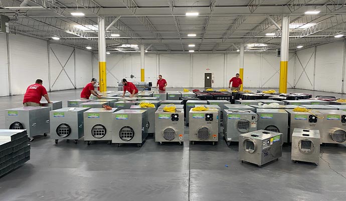 Water damage restoration equipments in warehouse