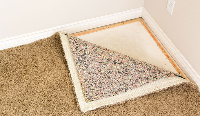 Carpet and padding pulled back revealing tack strip along baseboard
