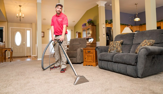 Technician cleaning carpet with a vacuum extractor in a living room