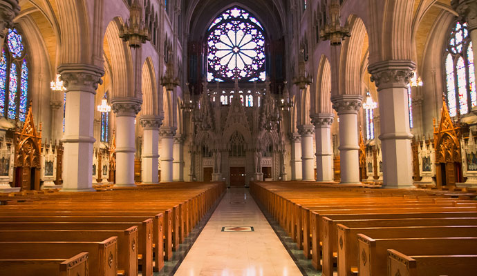 Clean church interior with wooden pews