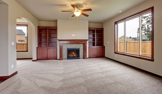 Clean living room with carpet, fireplace, and built-in shelves
