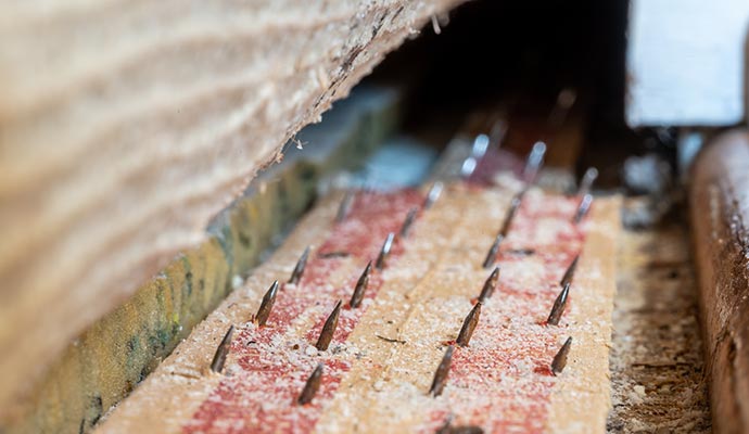 Close-up of wooden carpet tack strip with sharp metal pins
