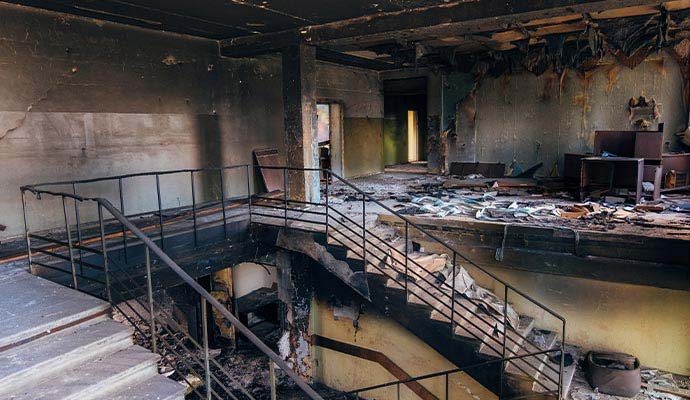 Fire damaged interior of a commercial space