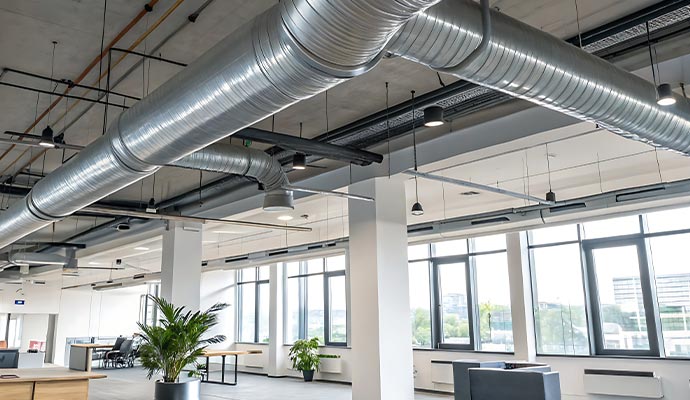Large silver exposed metal HVAC air ducts running across the ceiling of a modern, open-concept office space