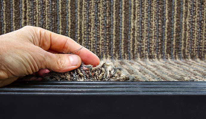 Hand lifting frayed and loose carpet edge from stair step