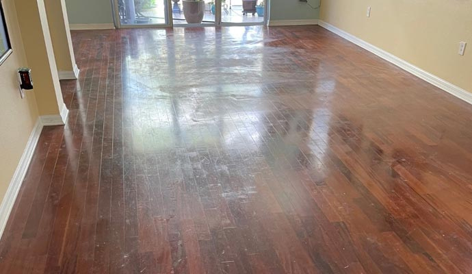 Hardwood floor is dirty and scuffed