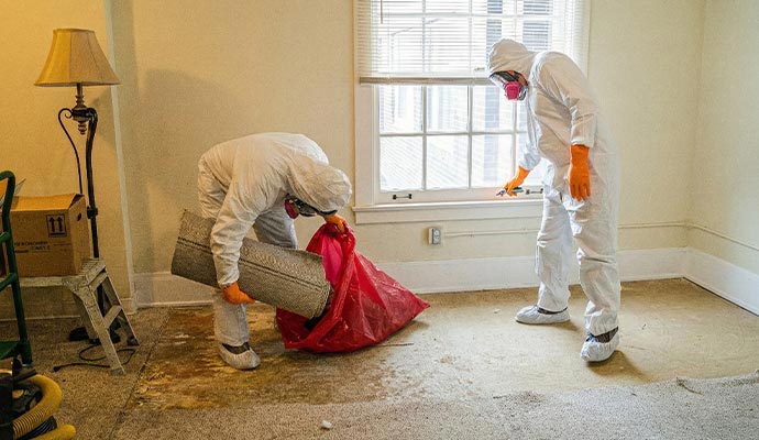 Hazmat technicians removing damaged carpet