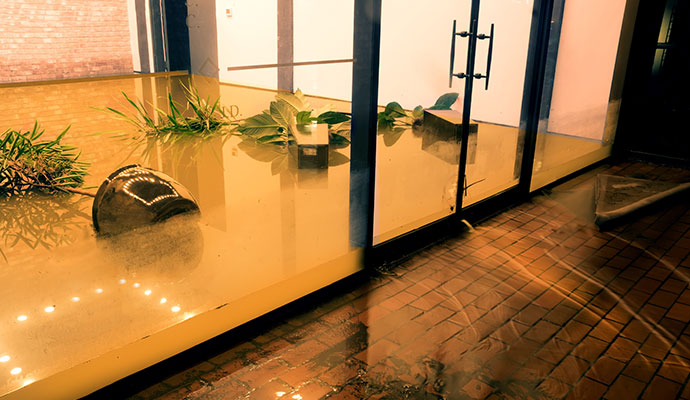 Flooded commercial space with standing water and debris inside building