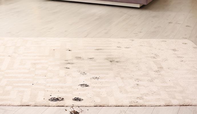 Black dirt stains on white rug