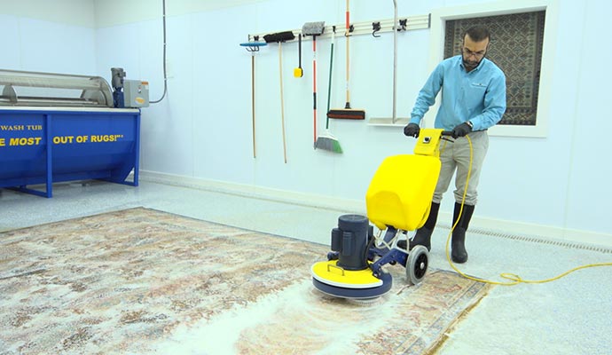 Professional cleaning area rug with specialized cleaning equipment