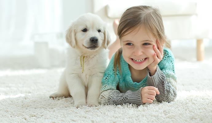 A young and puppy lying together on clean white rug