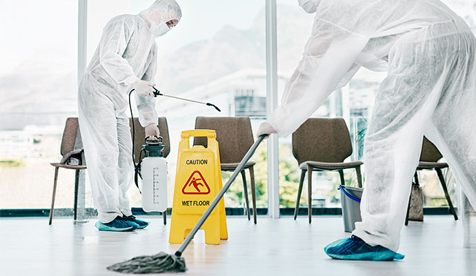 Two professionals cleaning and disinfecting floor
