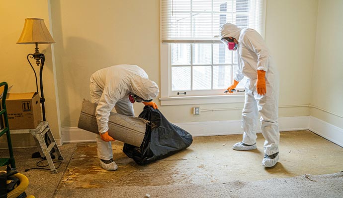 Two professionals engaged in biohazard cleanup service