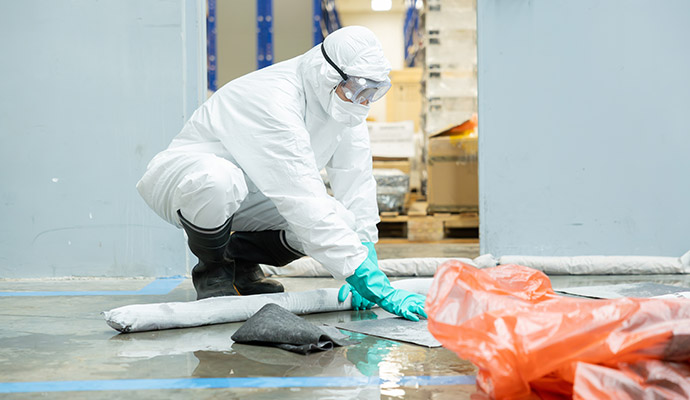 HAZMAT worker cleaning a contaminated floor wearing protective suit and gloves