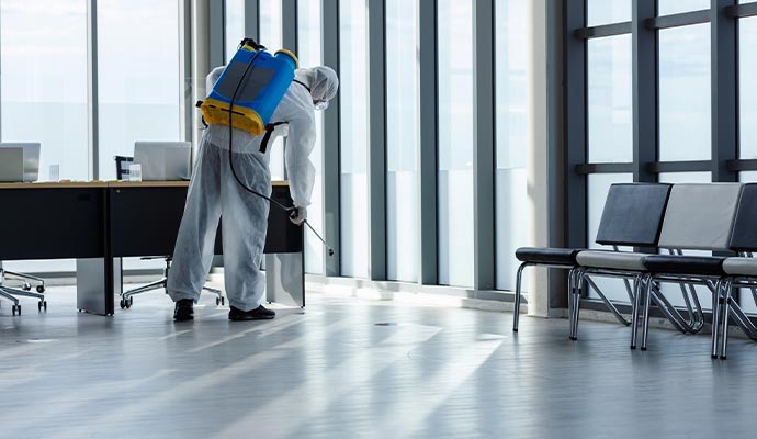Worker disinfecting office with sprayer