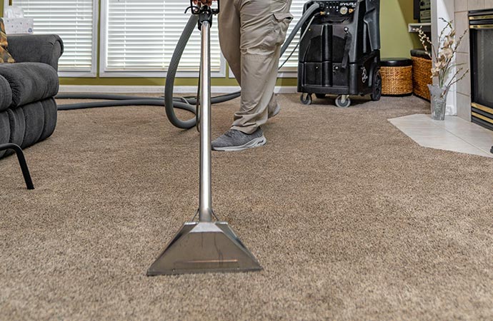 Worker cleaning floors and carpets with professional equipment.
